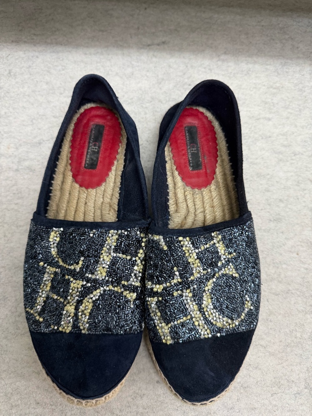 CH Carolina Herrera Initials Insignia Navy Blue Suede Crystal